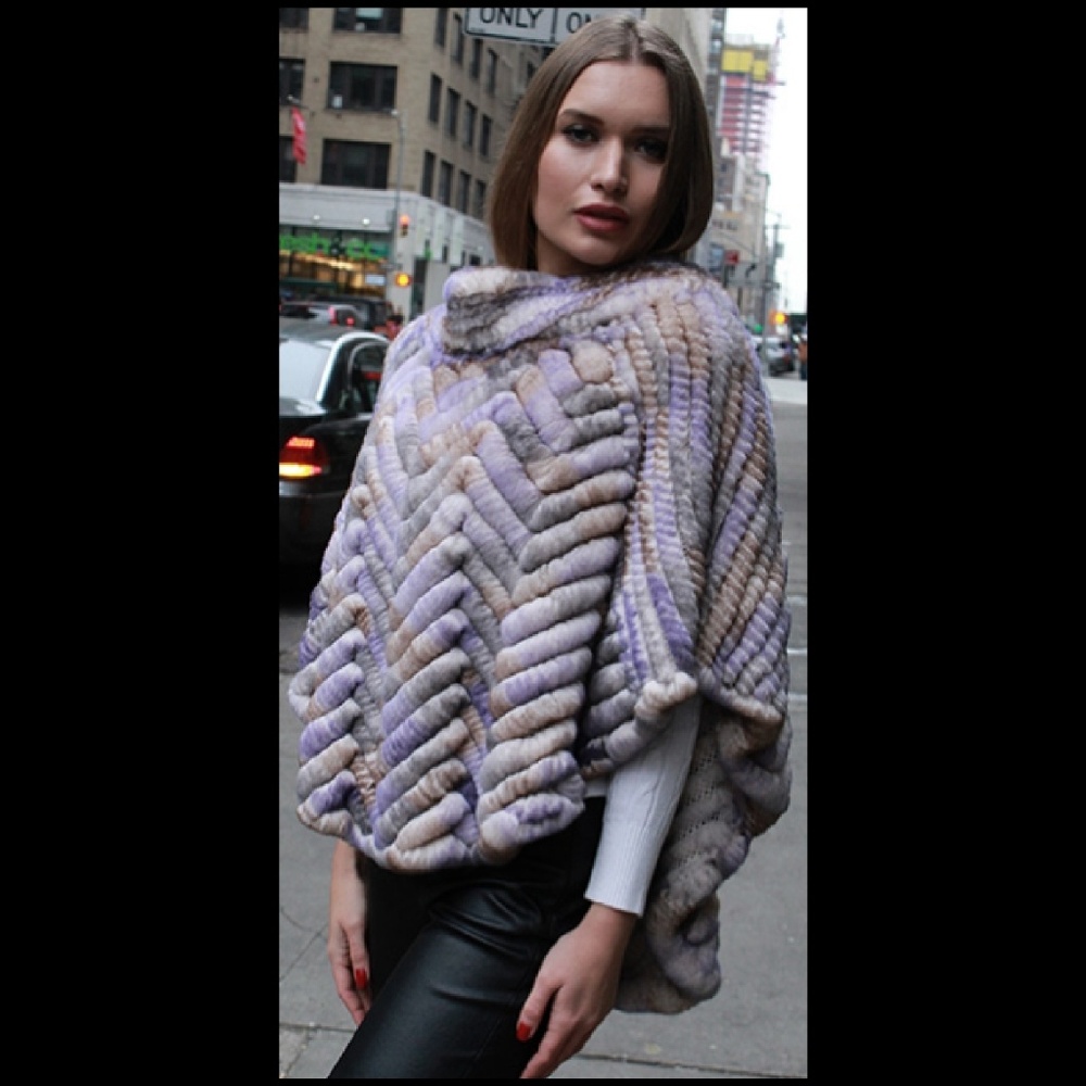 Colorful Knit Rex Rabbit Fur Poncho - Picture 3 of 3